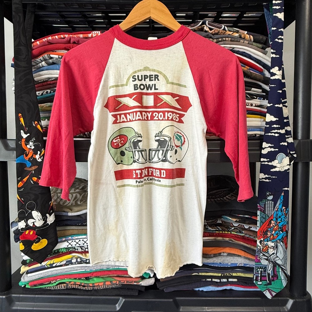Vintage Red Super Bowl XIX 1985 49ers Dolphins Raglan Shirt Small Has Marks